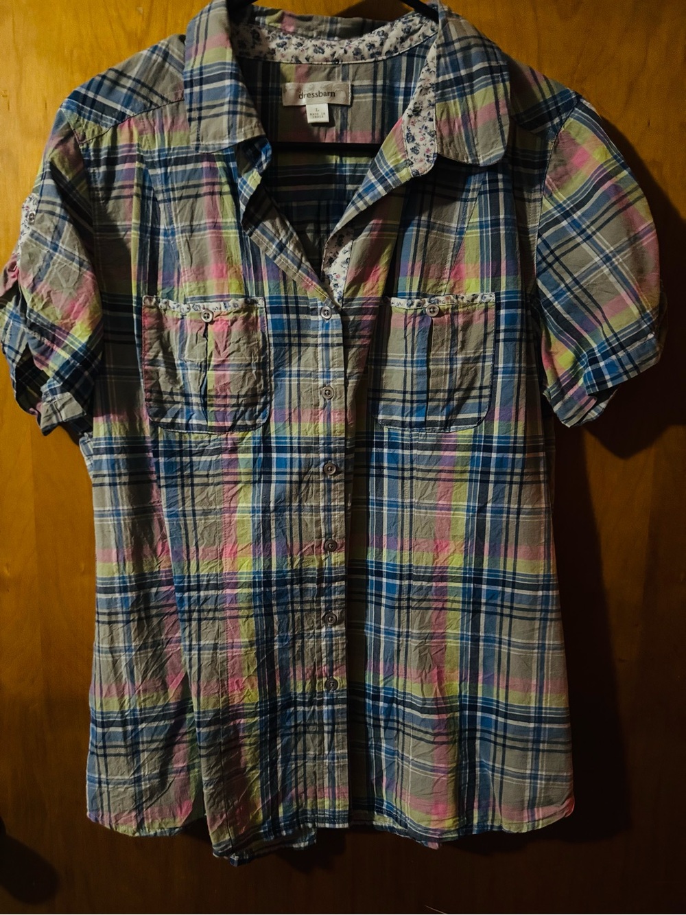 dressbarn Pink Blue Plaid Short-Sleeve Button-Down Shirt